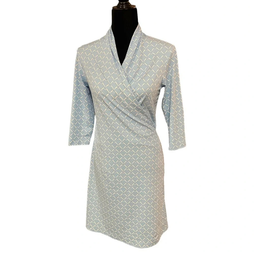 J. Mclaughlin Printed Ivana Dress Catalina Cloth Baby Blue Faux Wrap XS